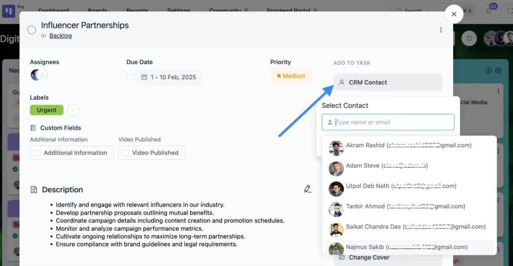 How to add CRM contact on a task